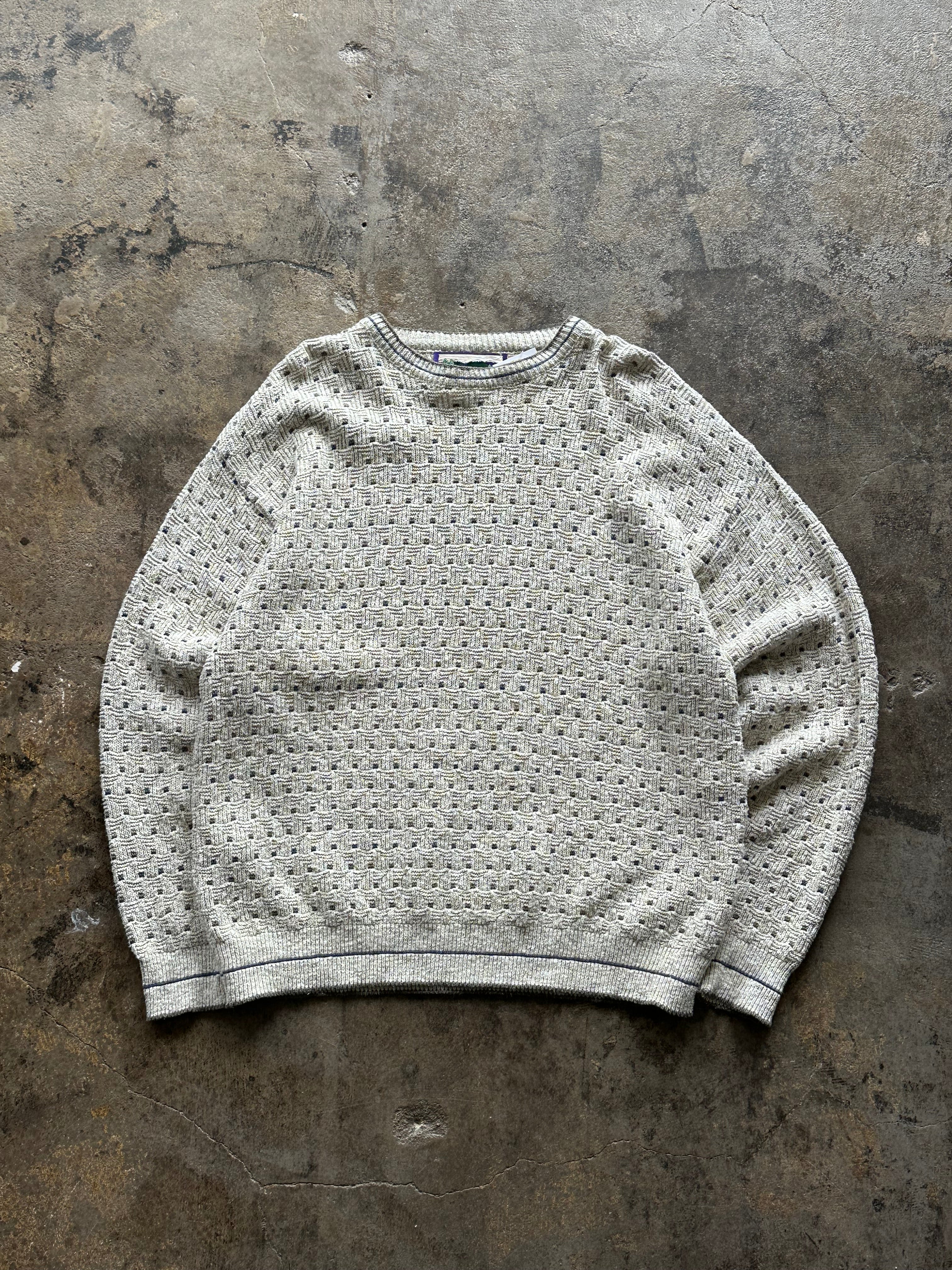 XL - Vintage Shenandoah Textured Knit Sweater – Cream / Blue Accents