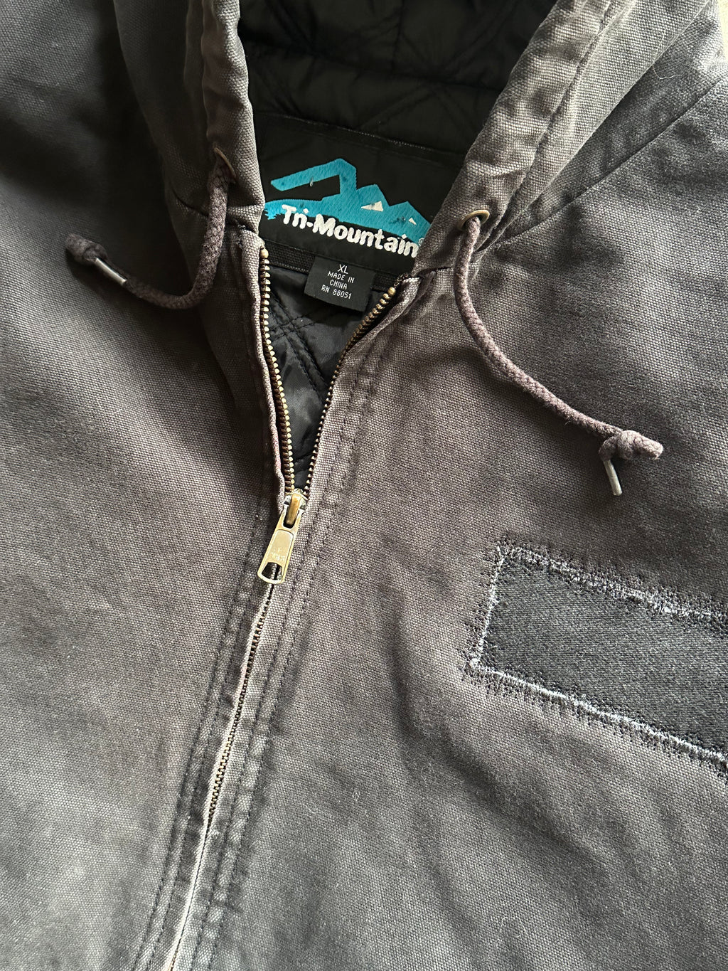 XL - Tri-Mountain Hooded Work Jacket – Faded Black Patchwork Canvas