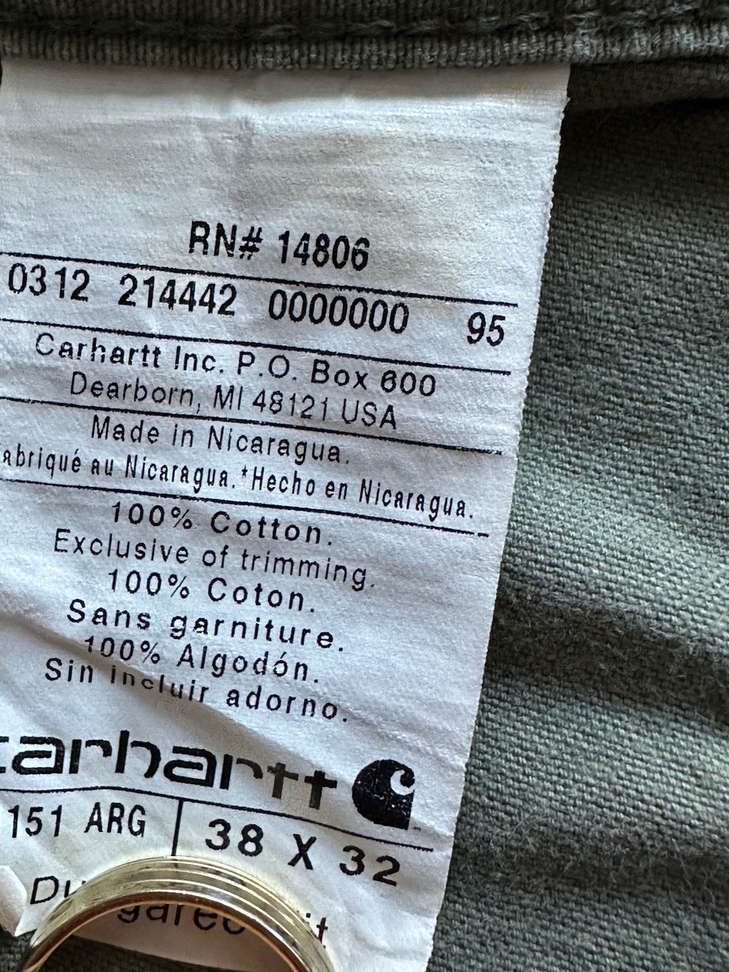 38x32 - Carhartt Olive Green Workwear Pants