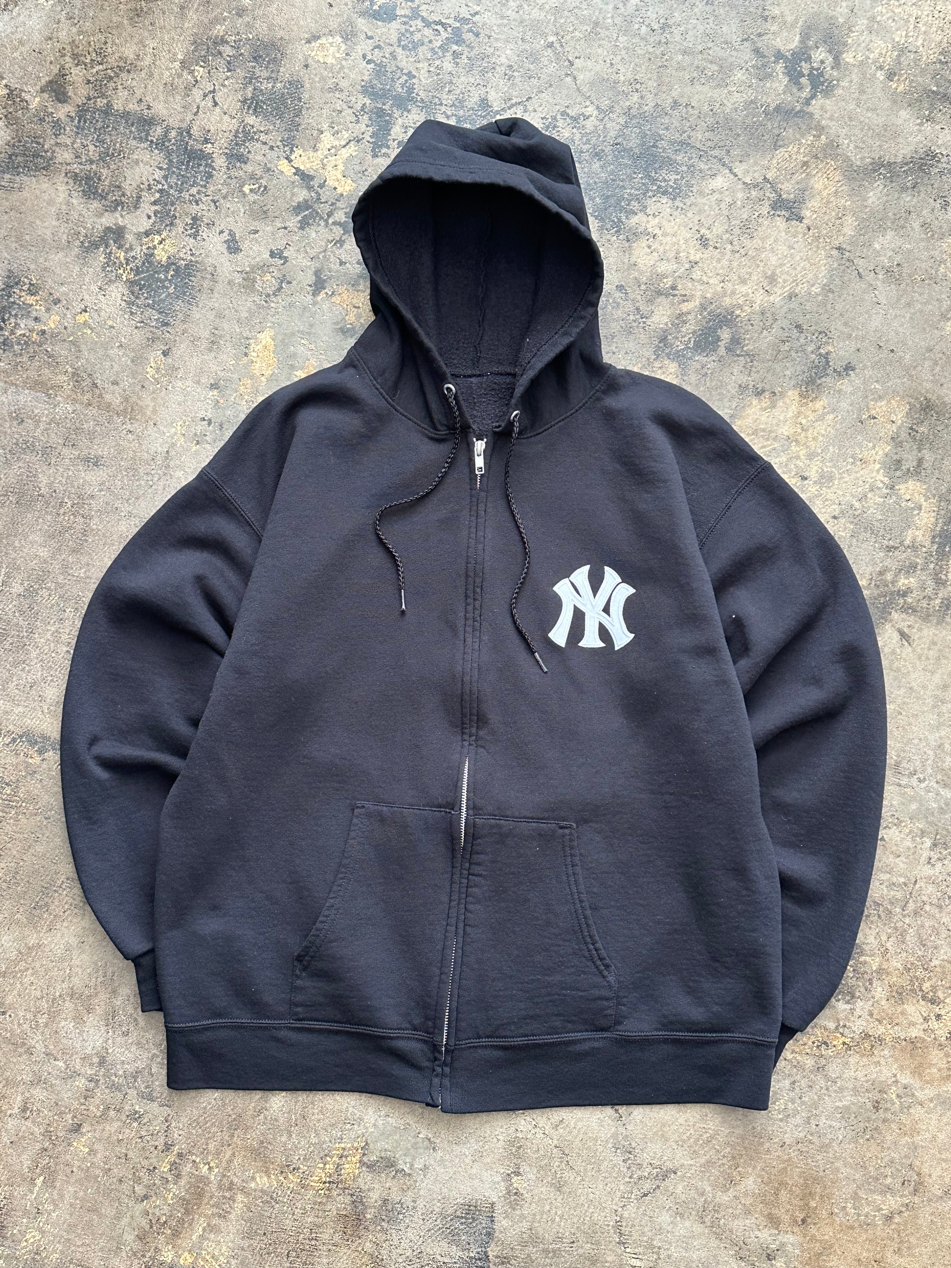 L - NY Black Zip-Up patchwork Hoodie