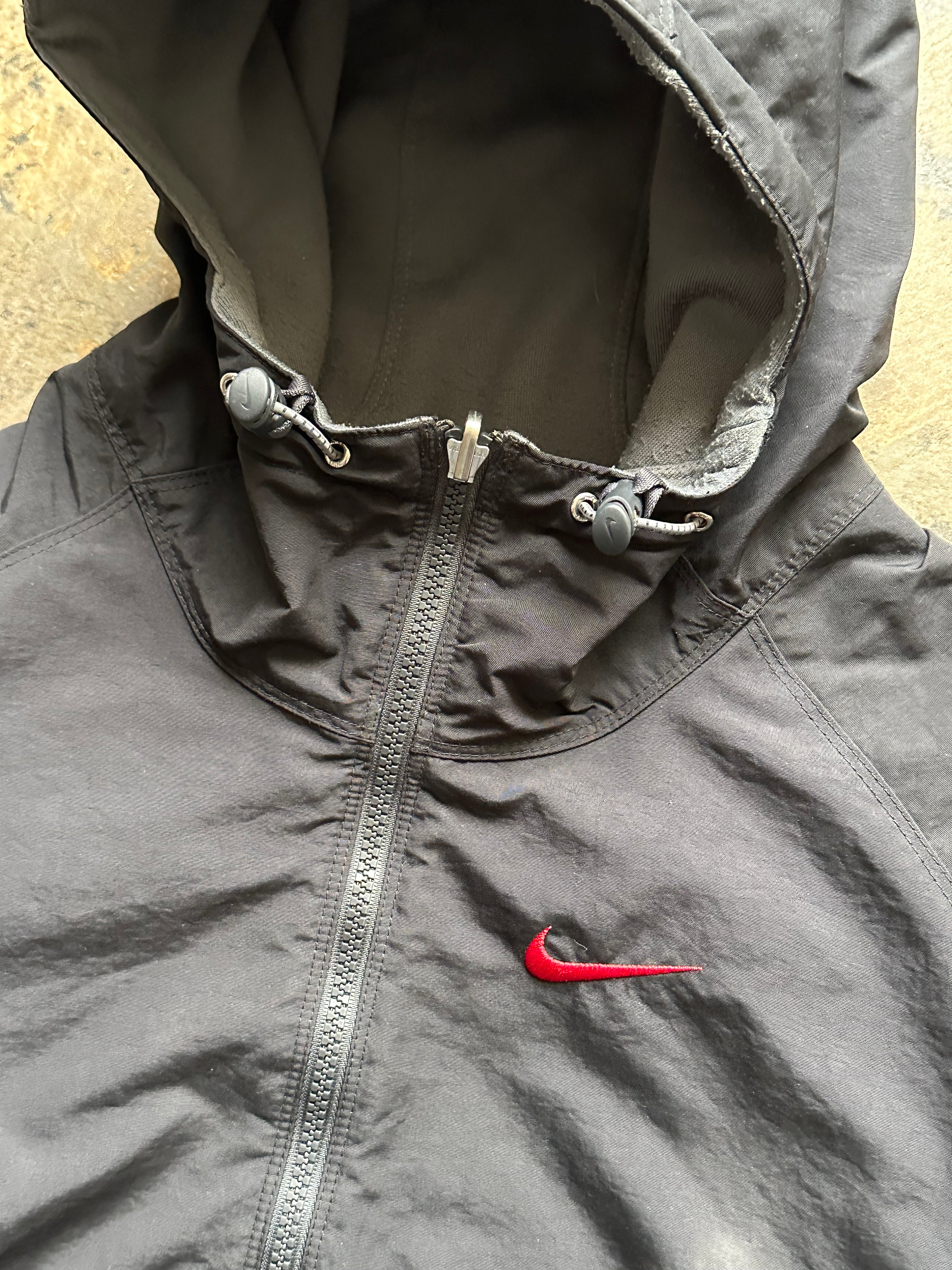 L - Nike Black Hooded Windbreaker Jacket – Red Swoosh
