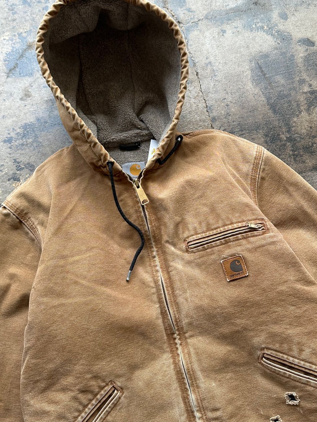 S - Vintage Carhartt Sherpa-Lined Hooded Jacket – Distressed Brown