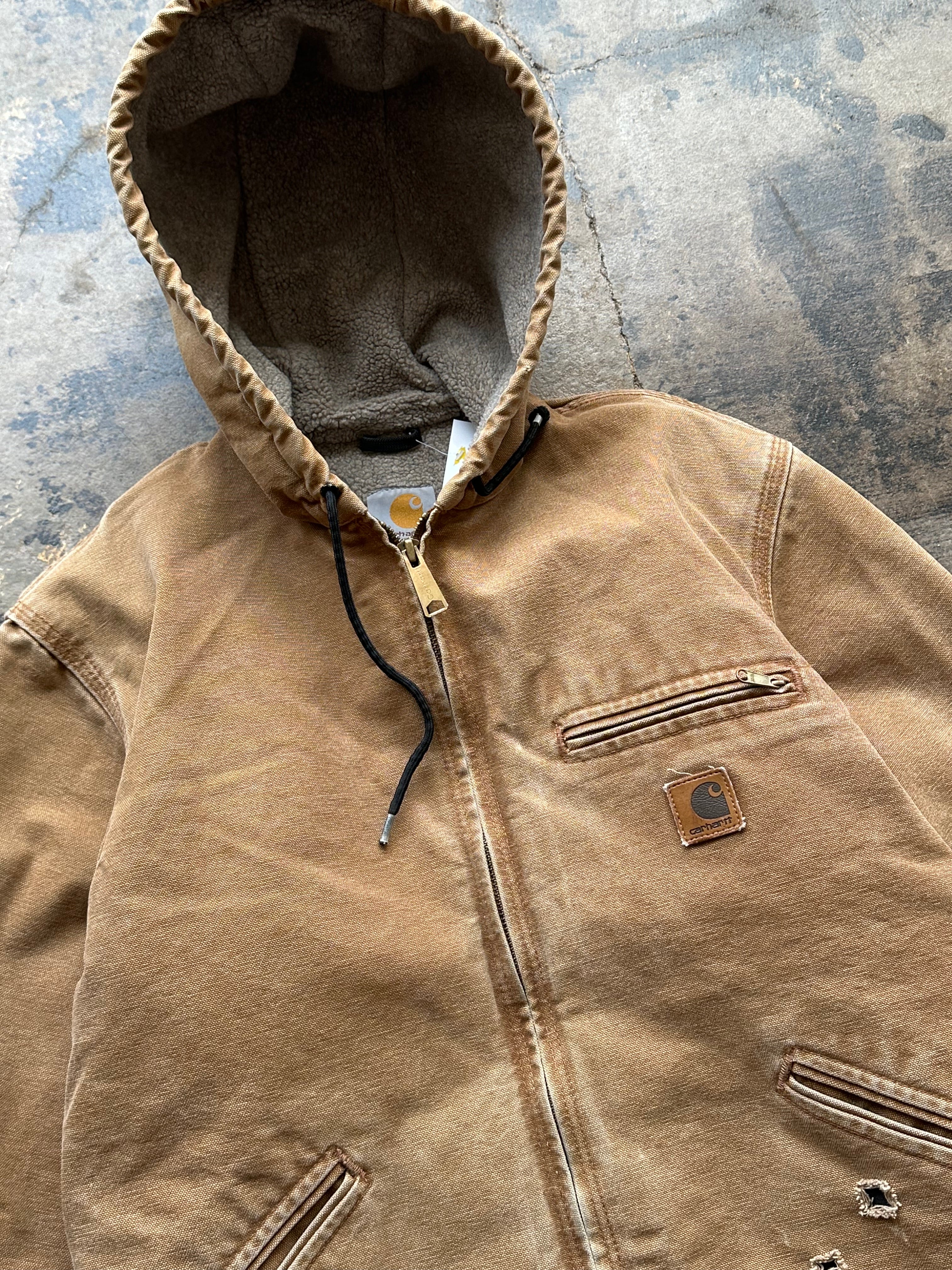 S - Vintage Carhartt Sherpa-Lined Hooded Jacket – Distressed Brown