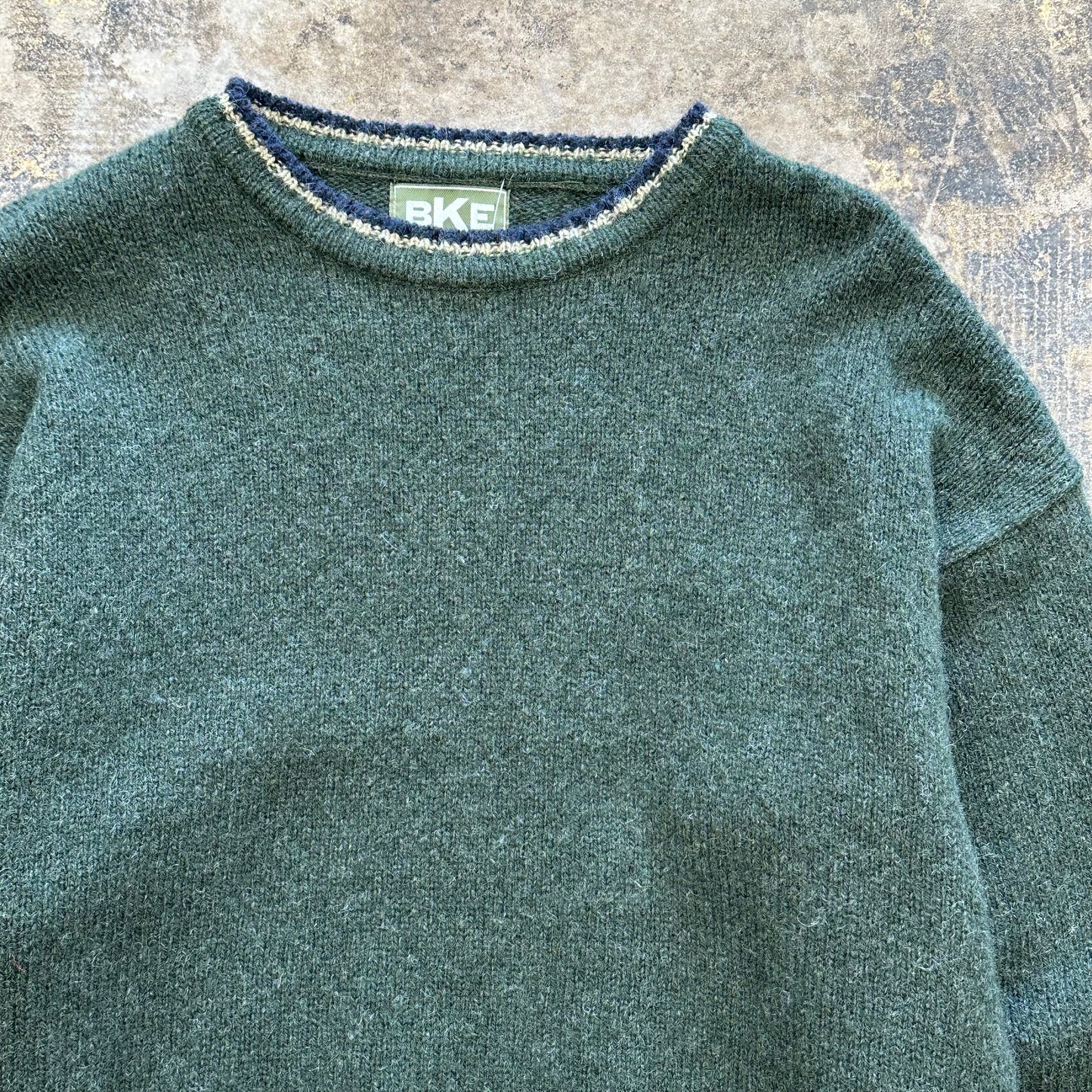 L - BKE olive green & blue wool sweater