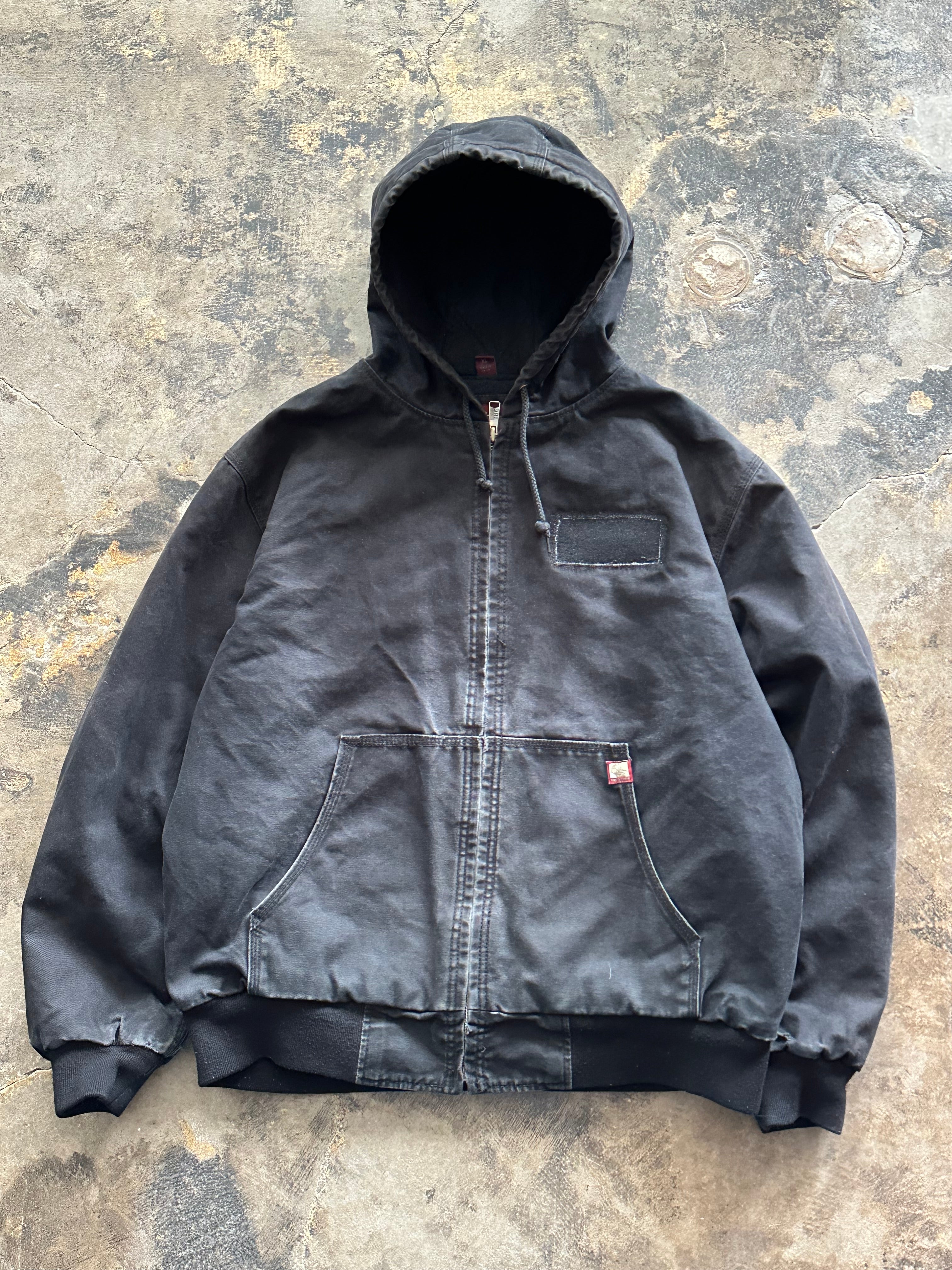XL - Vintage Workwear Hooded Canvas Jacket – Faded Black Patchwork