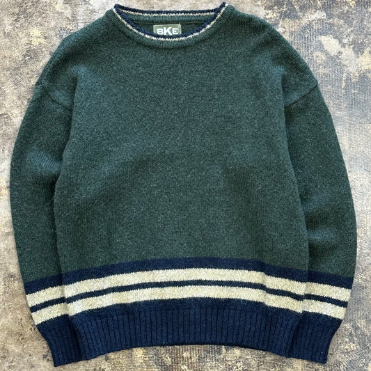 L - BKE olive green & blue wool sweater