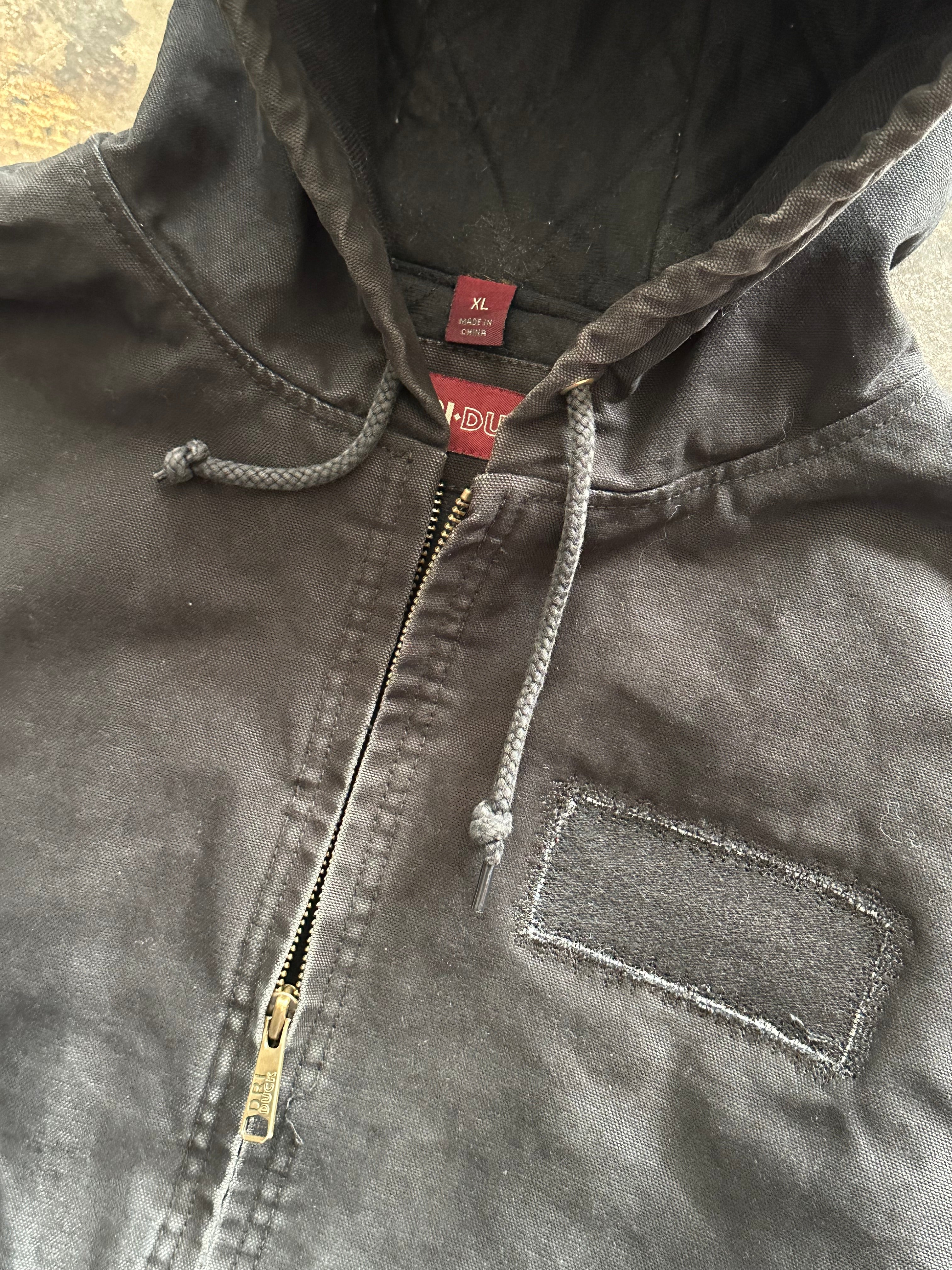 XL - Vintage Workwear Hooded Canvas Jacket – Faded Black Patchwork